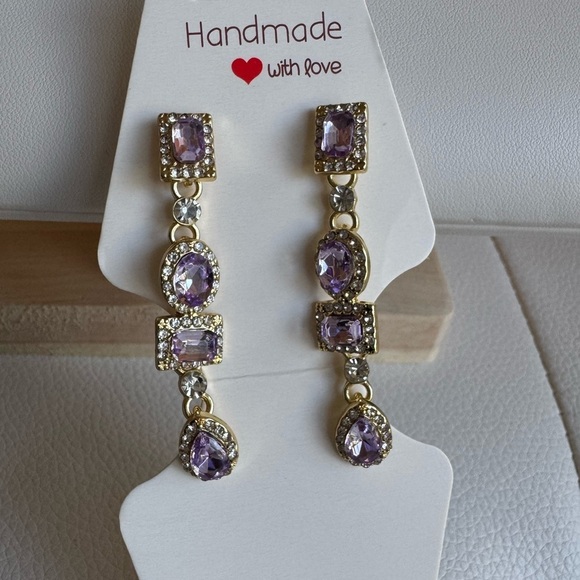 Purple Amethyst and Gold Dangle Drop Geometric Earrings NWT New - Picture 4 of 9